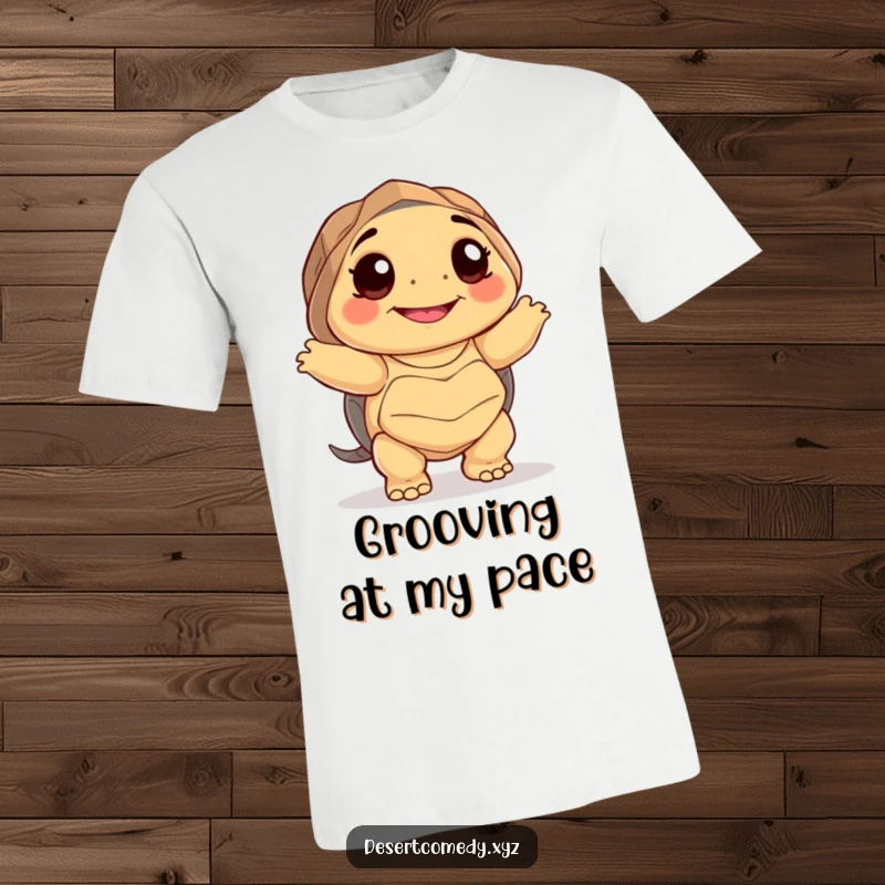 Funny t-shirt depicting a smiling desert tortoise with big, happy eyes, doing a charmingly awkward dance with great enthusiasm.