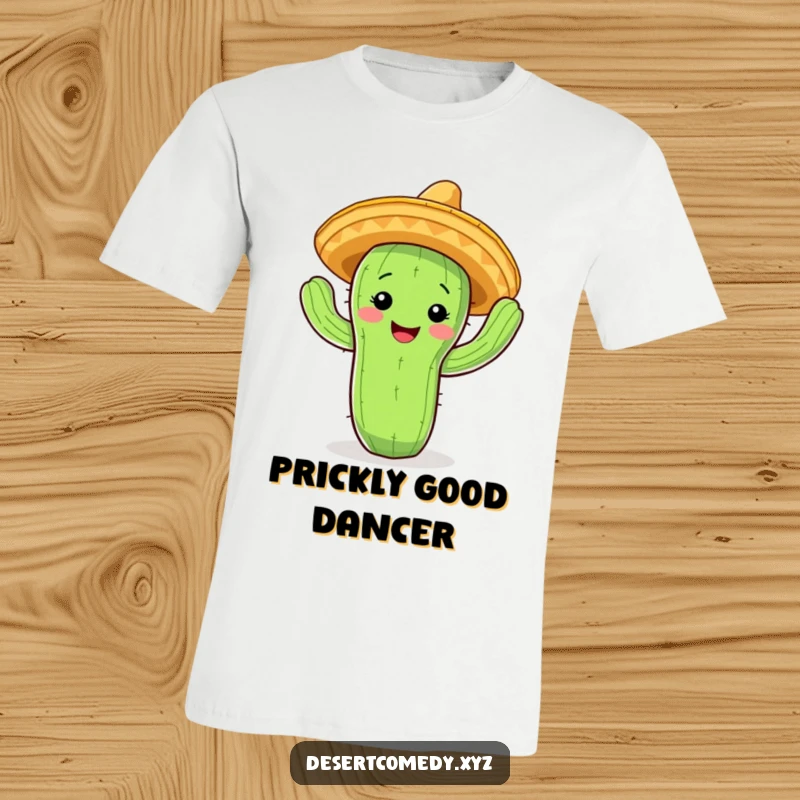 Funny cactus t-shirt featuring a smiling cactus wearing a tiny sombrero, caught mid-jig with infectious energy.