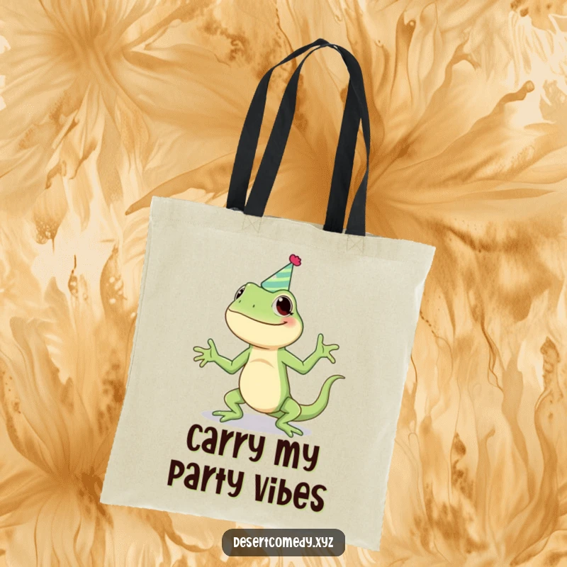 Funny tote bag depicting a giggling lizard in a party hat, completing a silly jig, adding a touch of humor to errands.