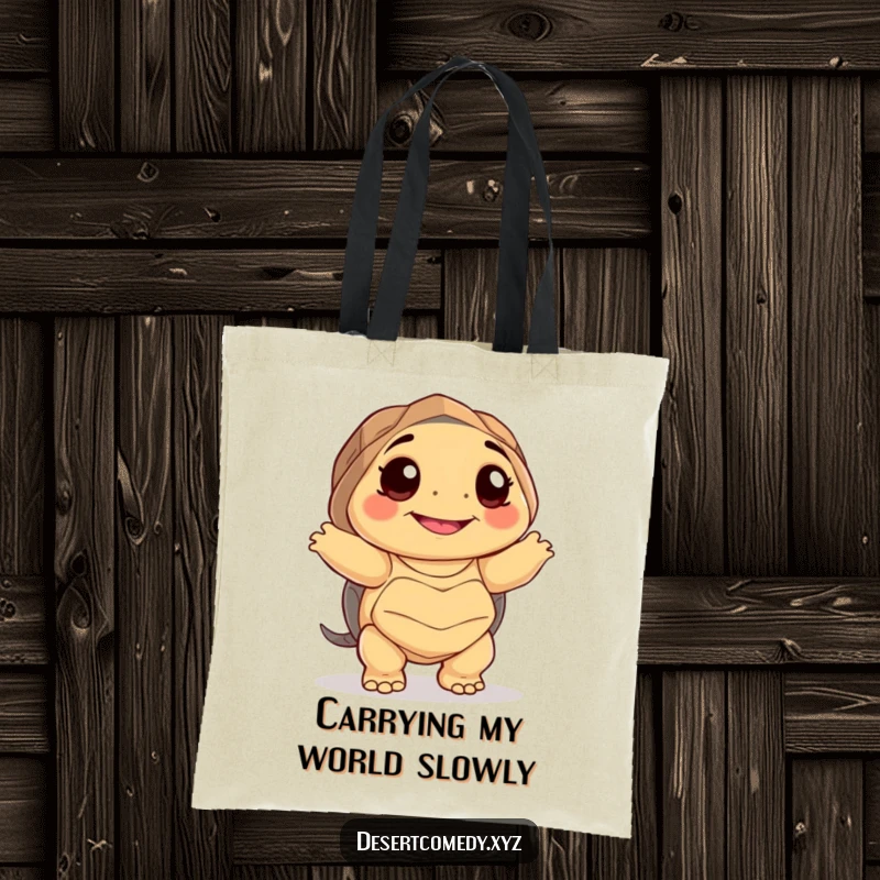 Funny tote bag featuring a smiling desert tortoise with big happy eyes, dancing awkwardly with a charmingly joyful expression.