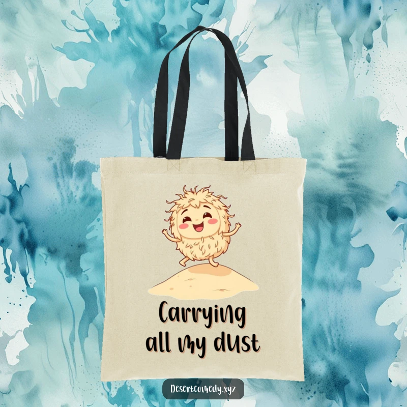 Funny tote bag illustrating a smiling tumbleweed bouncing gleefully over a sandy dune, perfect for carrying your sunny day essentials.