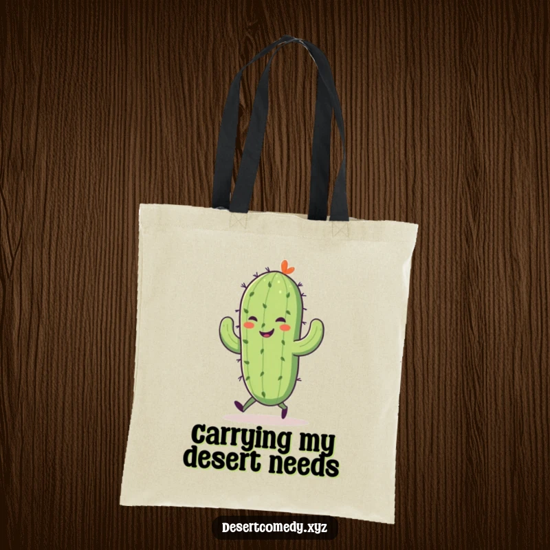 Funny tote bag featuring a smiling saguaro cactus with tiny legs, joyfully skipping along, perfect for everyday use.