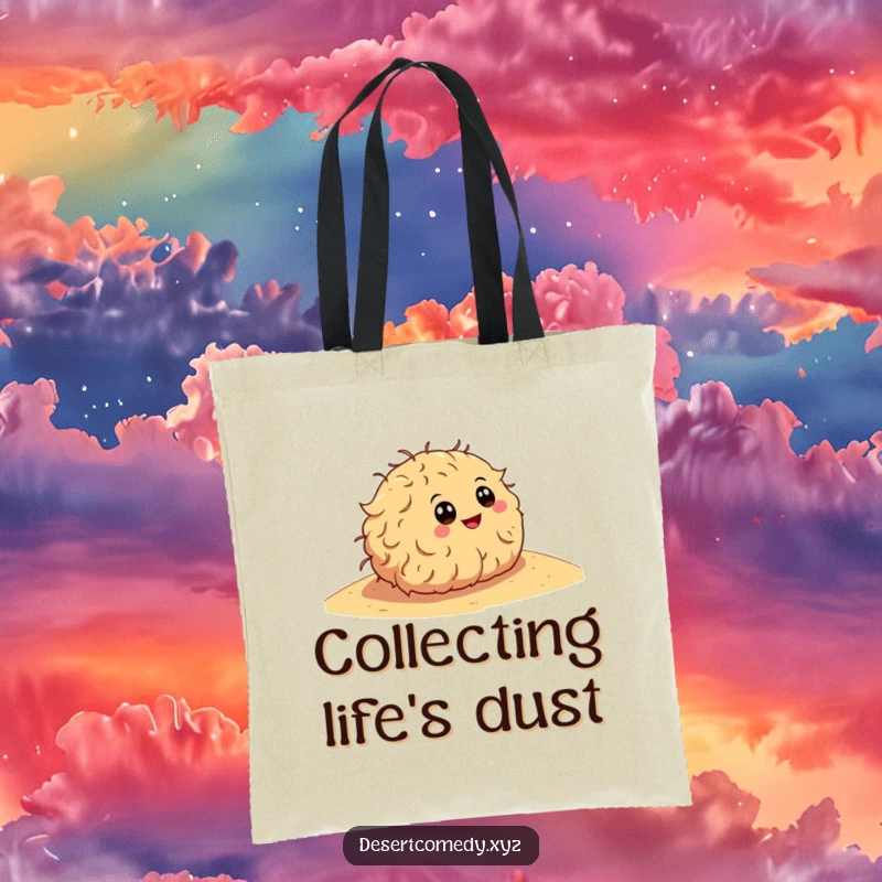 Funny tote bag featuring a happy tumbleweed with cartoon eyes, rolling down a sandy dune, perfect for carrying daily essentials.